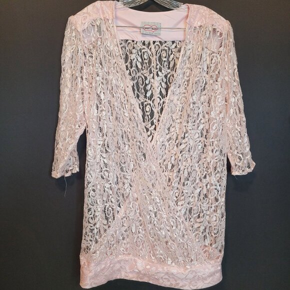Vintage Pink Lace Blouse Top Surplice Sheer Drop Waist Sugar Free - Picture 1 of 11